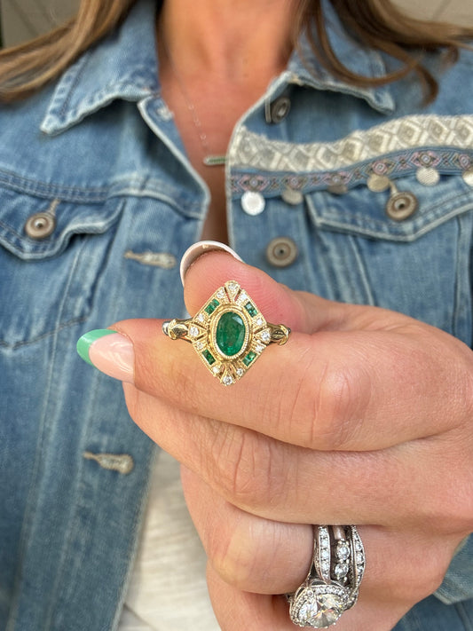 14K Yellow Gold Vintage Inspired Emerald and Diamond Ring