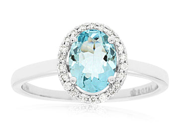 14K White Gold Oval Aquamarine and Halo Ring