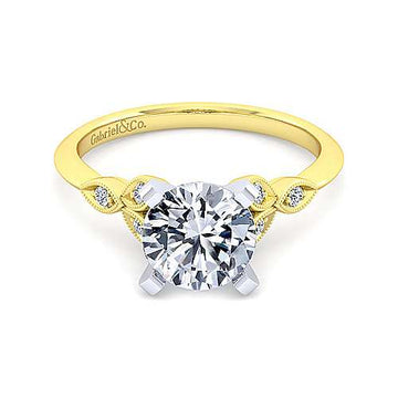 Vintage Inspired 14K White-Yellow Gold Split Shank Round Diamond Engagement Ring