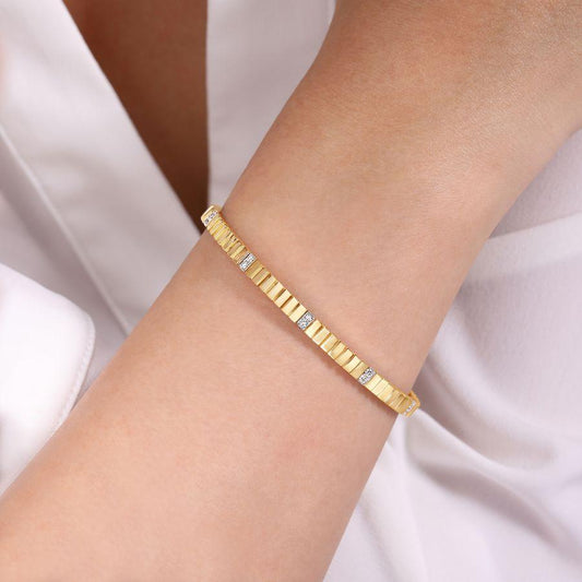 14K Yellow Gold Rectangular Bead Cuff Bracelet with White Gold Pave Diamond Stations