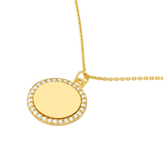 14K Yellow Gold Diamond Framed Engravable Disk Necklace