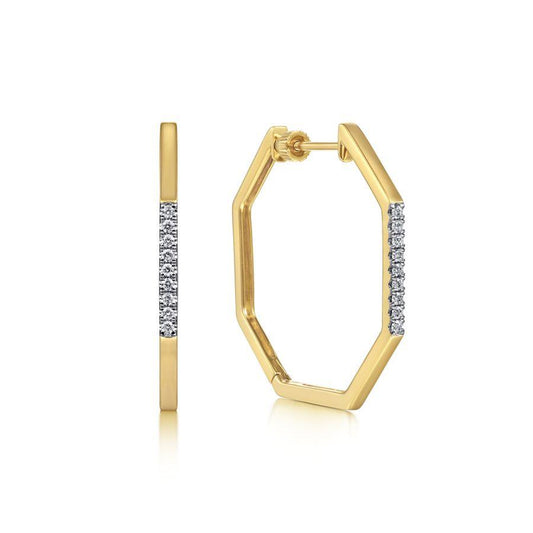 14K Yellow Gold 30MM Octagon Diamond Hoop Earrings