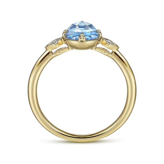 14K Yellow Gold Three Stone Blue Topaz and Diamond Ring