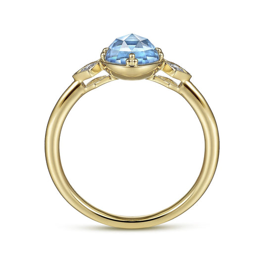 14K Yellow Gold Three Stone Blue Topaz and Diamond Ring