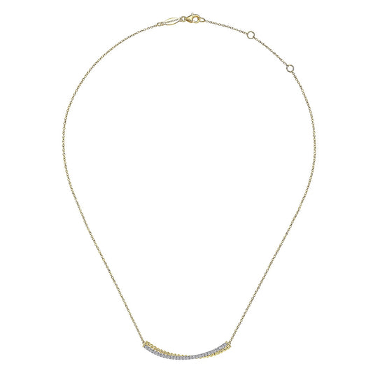 14K Yellow-White Gold Bujukan Bead and Diamond Pave Curved Bar Necklace