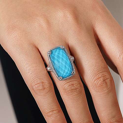 Sterling Silver Rock Crystal Turquoise Long Cushion Cut Ring