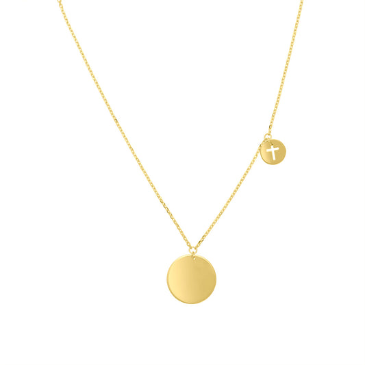 14K Yellow Gold Disc Necklace with Cutout Cross Disc Dangle
