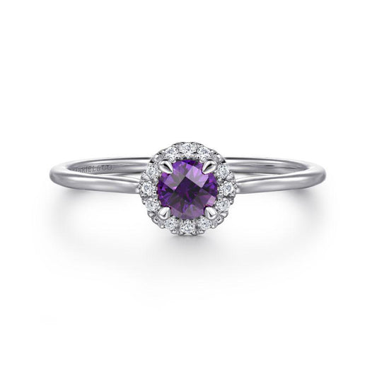14K White Gold Amethyst and Diamond Halo Promise Ring