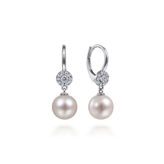 14K White Gold Cluster Diamond Disc and Pearl Drop Earrings