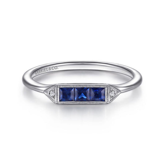 14K White Gold Princess Cut Sapphire Trio and Diamond Ring