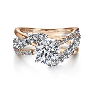 14K White-Rose Gold Round Free Form Diamond Engagement Ring