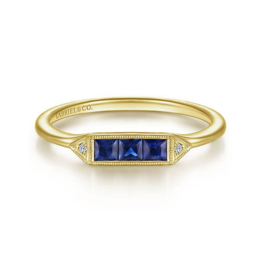 14K Yellow Gold Princess Cut Sapphire Trio and Diamond Ring