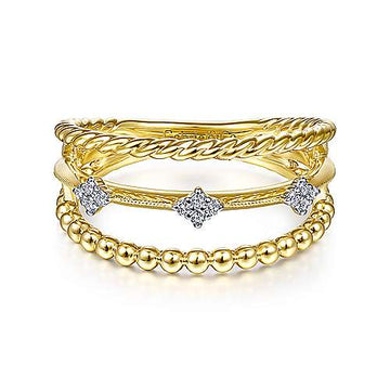 14K Yellow Gold Three Row Diamond Station Open Ring