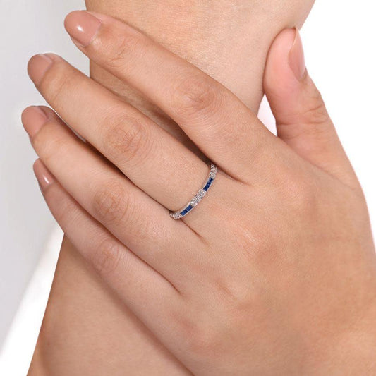14K White Gold Sapphire Baguette and Diamond Stackable Ring