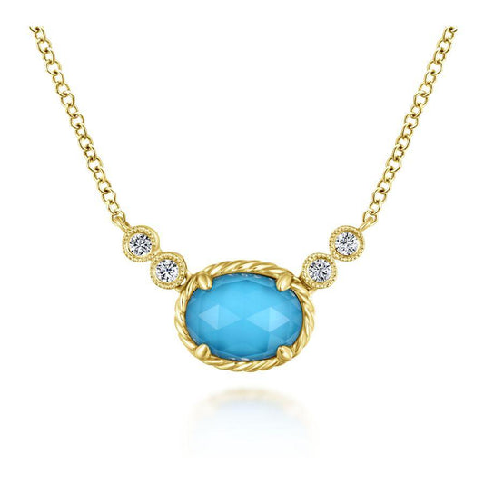 14KT .06CTW(O)TURQUOISE/PAVE DIAMOND NECKLACE(HORZ.SET)
