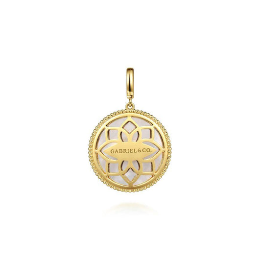 14K Yellow Gold Diamond Mother of Pearl Starburst Medallion Pendant