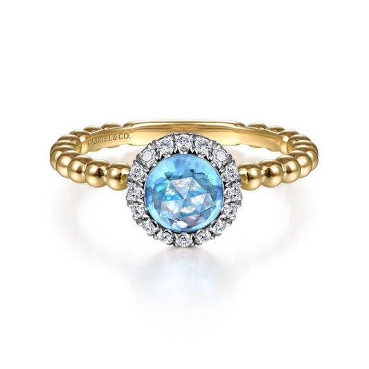 14K Yellow Gold Round Blue Topaz and Diamond Halo Ring