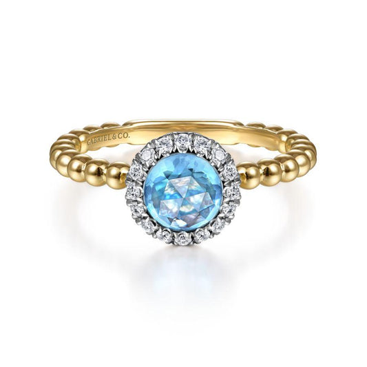 14K Yellow Gold Round Blue Topaz and Diamond Halo Ring