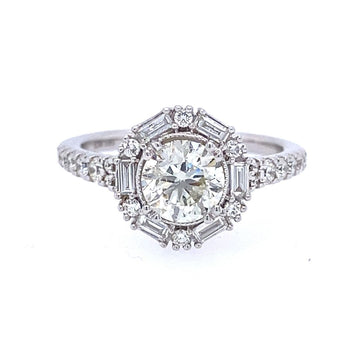 14K White Gold 1.62ctw Natural Round Diamond with Baguette Halo Engagement Ring