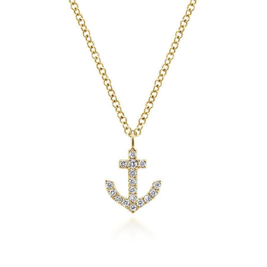 14K Yellow Gold Diamond Anchor Pendant Necklace
