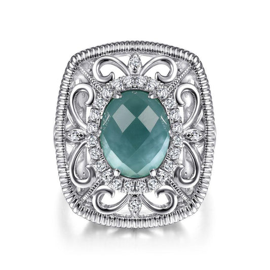 Sterling Silver Filigree Ring with Rock Crystal/Green Onyx/White Sapphire