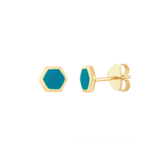 14K Yellow Gold Blue Enamel Hexagon Shaped Studs