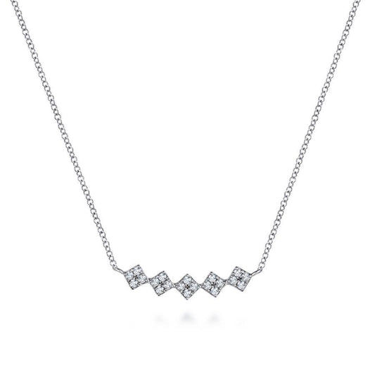 14K White Gold Square Station Diamond Pave Curved Bar Necklace