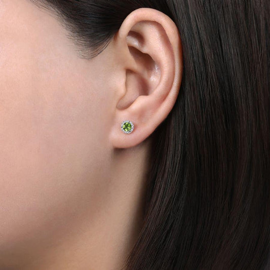 14K White Gold Round Peridot and Diamond Halo Stud Earring