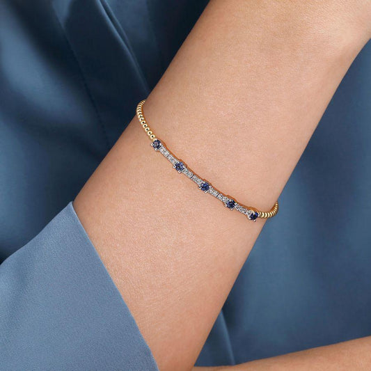 14K Yellow Gold Bujukan Diamond and Blue Sapphire Cuff Bracelet