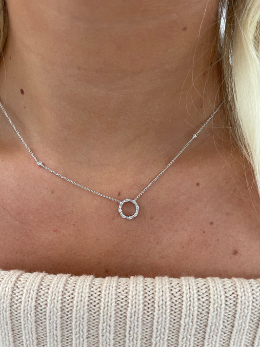 14K White Gold Baguette and Pave Diamond Circle Necklace