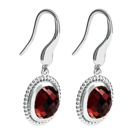 Sterling Silver Beaded Oval Garnet Drop Earrings