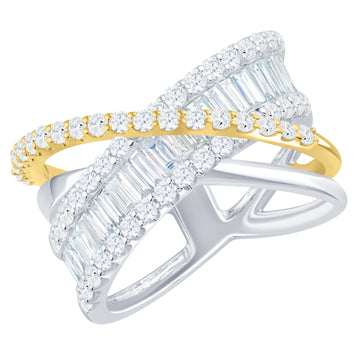 14K White Gold 1.83ctw Baguette and Pave Diamond Criss Cross Ring