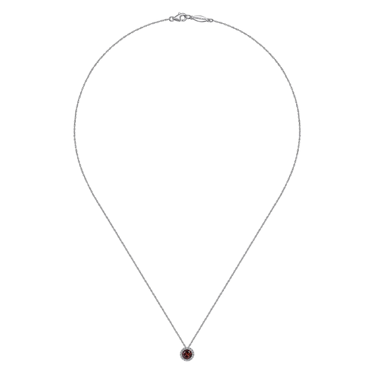 14K White Gold Diamond Halo Garnet Pendant Necklace