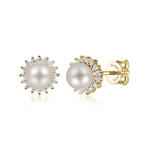 14K Yellow Gold Pearl with Diamond Halo Stud Earrings