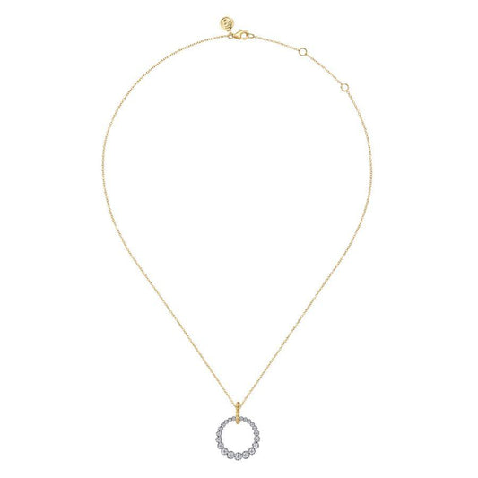 14K White and Yellow Gold Graduated Diamond 20mm Circle Necklace