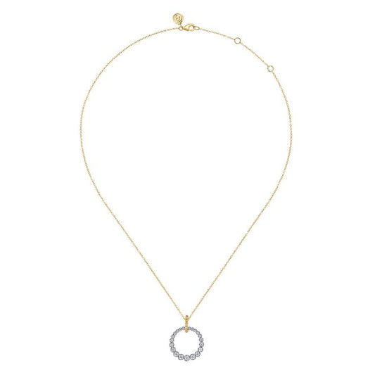 14K White and Yellow Gold Graduated Diamond 20mm Circle Necklace