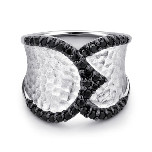 Sterling Silver Hammered Wide Band Black Spinel Ring