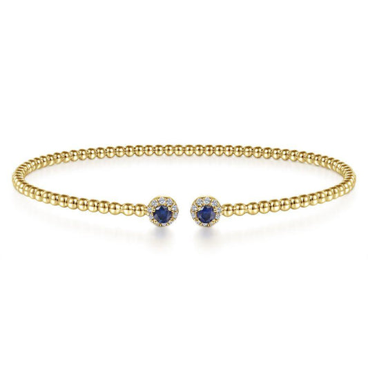 14K Yellow Gold Bead Split Cuff Bracelet with Sapphire and Diamond