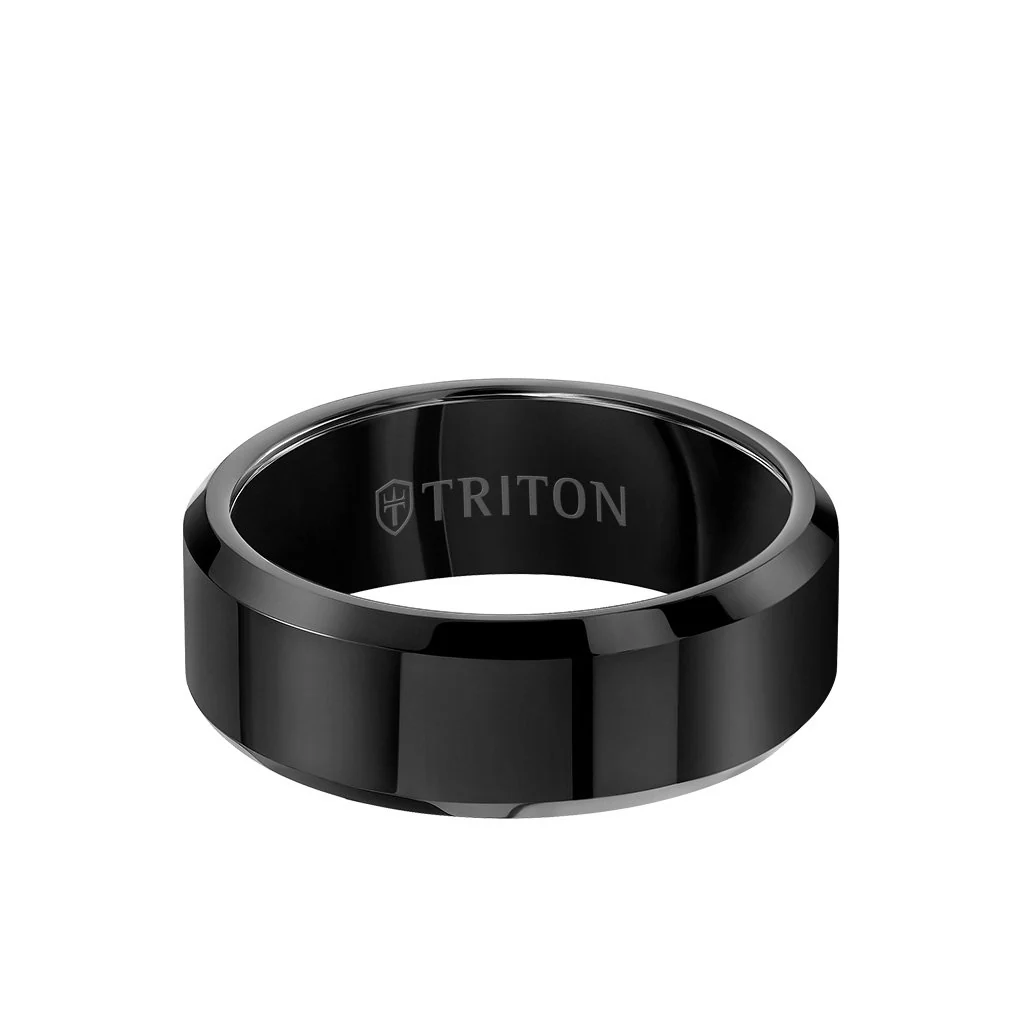 Men's 8MM Black Tungsten Carbide Wedding Band with Bright Finish and B