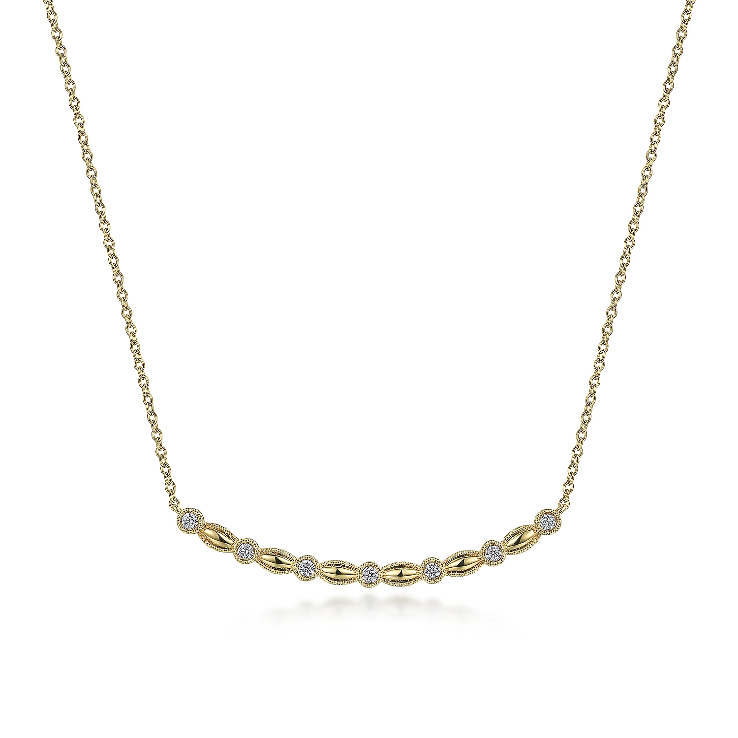 14K Yellow Gold Curved Diamond Station Bar Necklace in size 17.5 inch