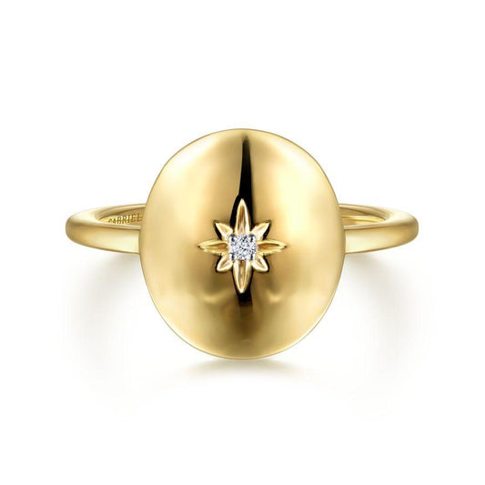 14K Yellow Gold Medallion Ring with Diamond Starburst