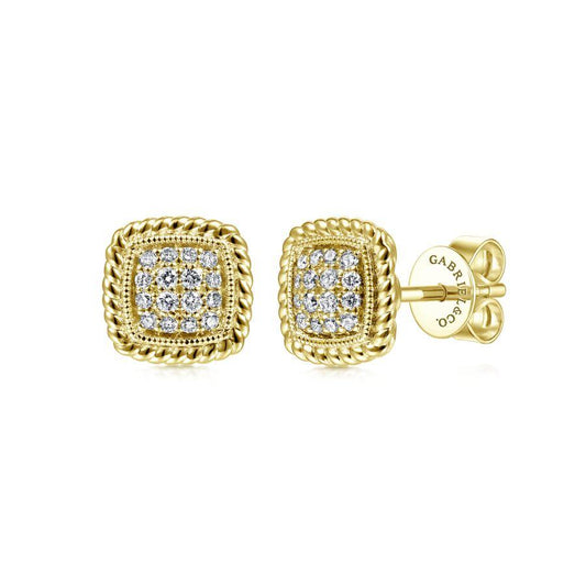 14K Yellow Gold Pave Diamond Stud Earrings with Twisted Rope Frame