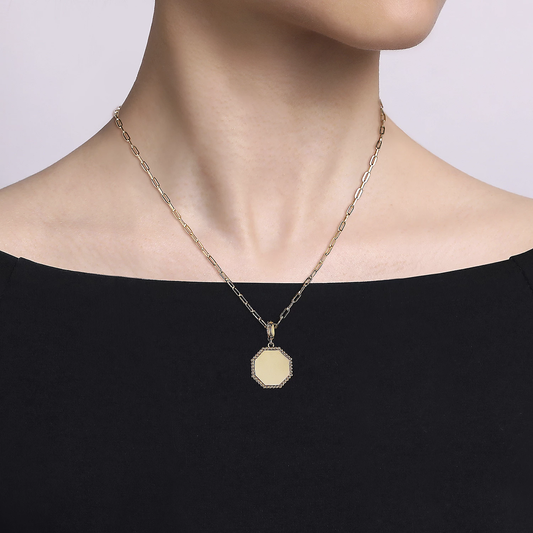 14K Yellow Gold Small Beaded Hexagon Personalize Medallion Pendant