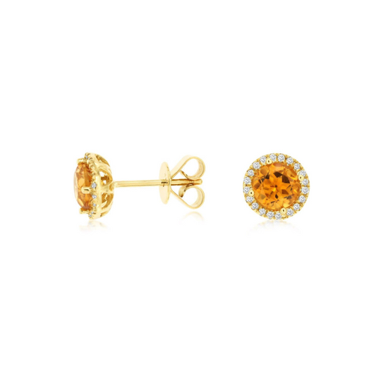 14K Yellow Gold Citrine and Diamond Stud Earrings