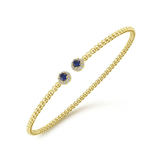 14K Yellow Gold Bead Split Cuff Bracelet with Sapphire and Diamond