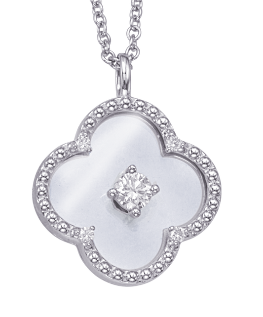 14K White Gold Diamond Clover Crystal Medallion Necklace
