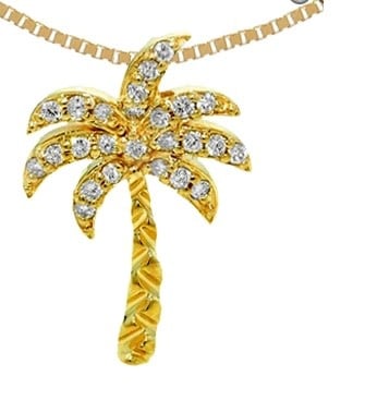 14K Yellow Gold Pave Diamond Palm Tree Pendant