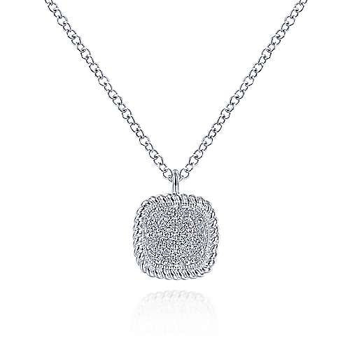 14K White Gold Pave Diamond Cushion Shape Pendant Necklace
