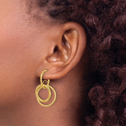 10K Polished and Twisted Dangle Circles Hoop Earrings