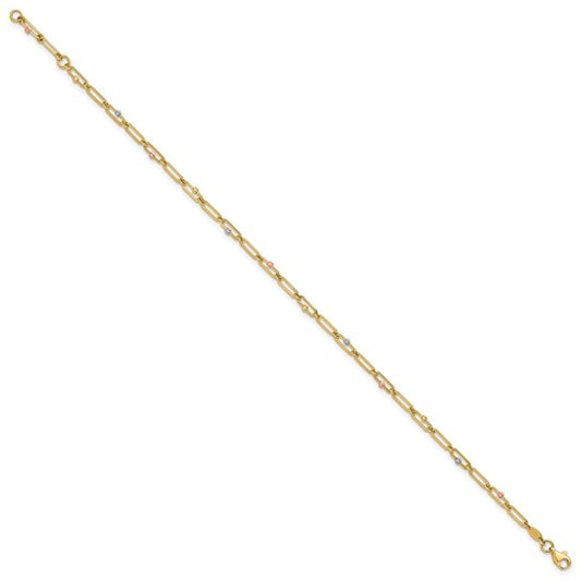 10K Tri-color Polished and Diamond-cut 10in Anklet